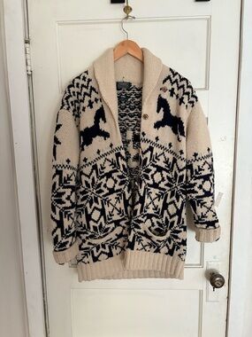 Ralph Lauren Cream & Navy Shawl-Collar Horse Fair Isle Cardigan